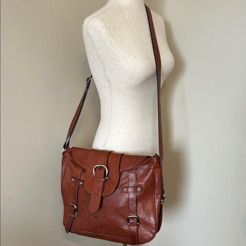 New Christina Firenze Brown Leather Purse 14x11” Messenger Bag *see all pictures
